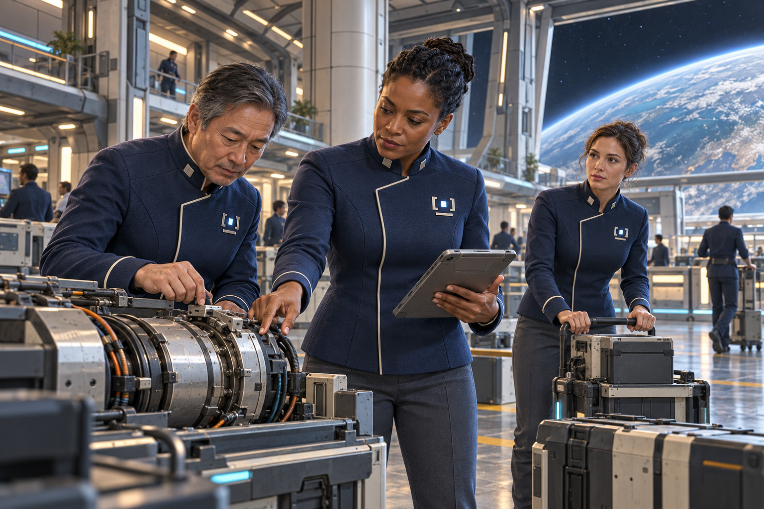 Three human technical workers in navy and ivory uniforms inspect a cylindrical machine and a tablet among supply cases in a bright multilevel station concourse. A planet fills the large windows behind them.