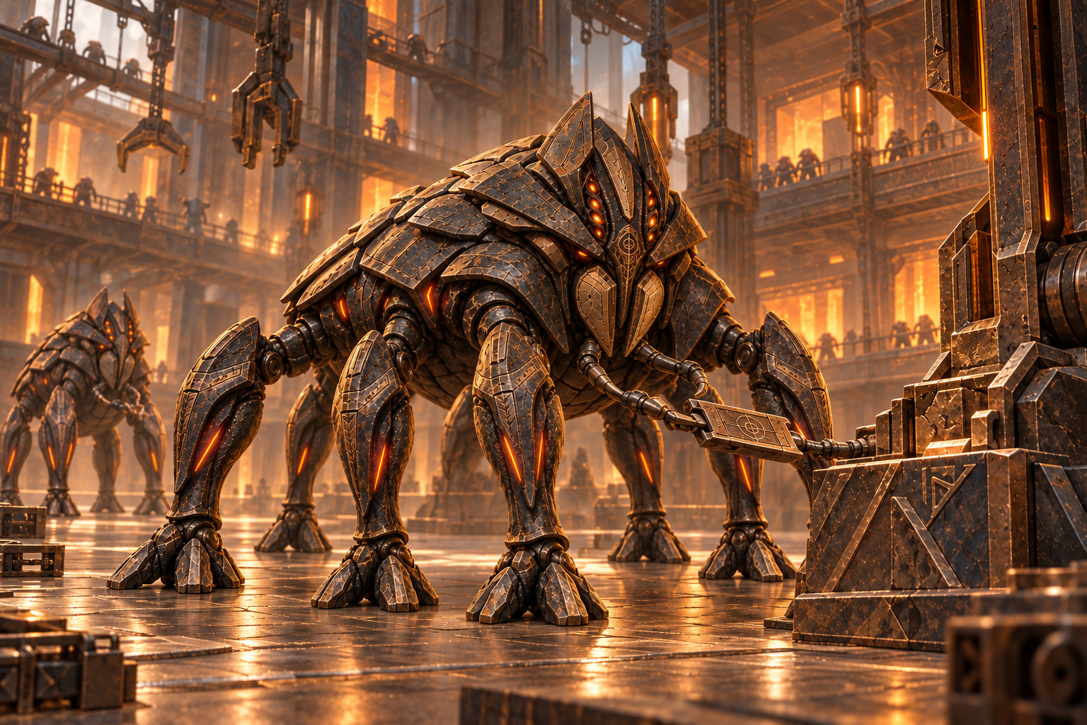 A broad bronze-and-charcoal armored Vharuun stands on six distinct articulated legs, using two small front palps to handle a plate beside a heavy machine. Another Vharuun watches from behind in a tall amber-lit workshop with public galleries.