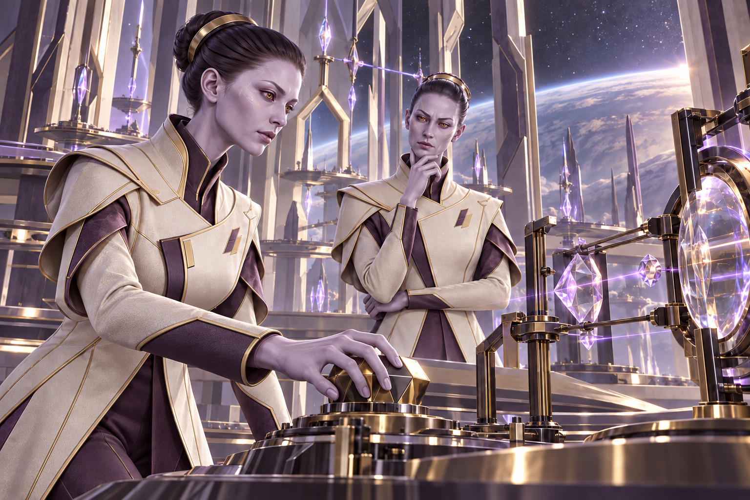 Two lilac-skinned Ilyr in ivory-and-plum technical mantles inspect an optical instrument inside a tall faceted observatory. The foreground specialist adjusts a golden control with three long fingers and an opposed thumb; violet light links mounted crystals before a planetary horizon.