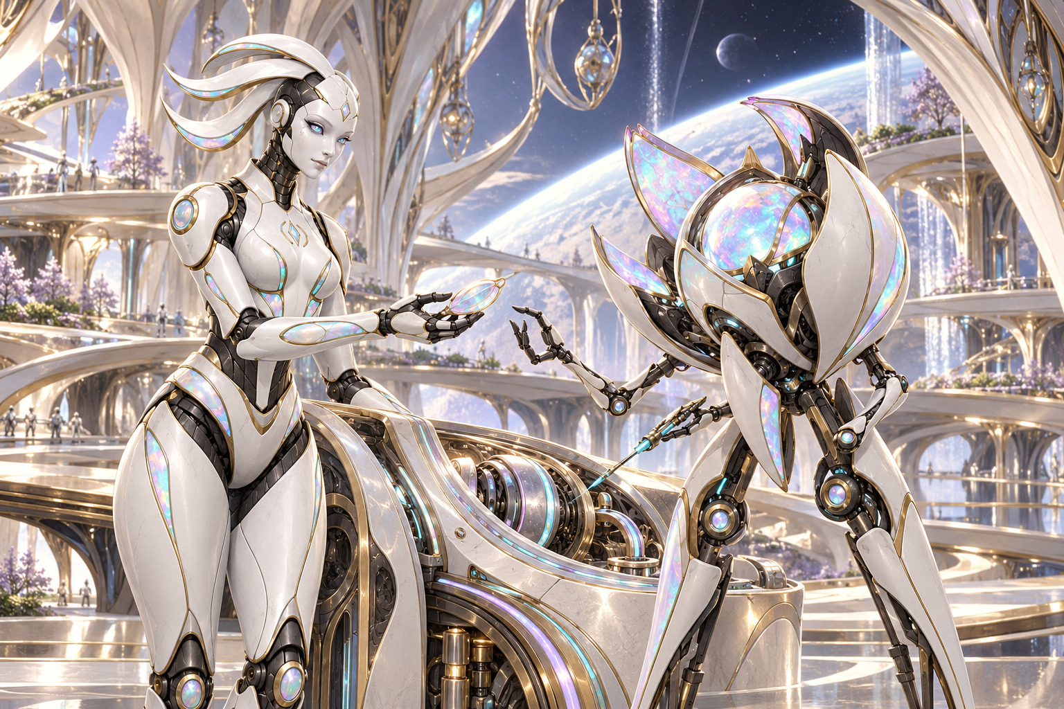 Two pearl-white artificial people with graphite joints exchange a translucent object beside exposed habitat machinery. One has an upright body with swept ceramic head ribbons; the other has a nonhumanoid open-petal body around an opaline core. Curving terraces overlook a planet.