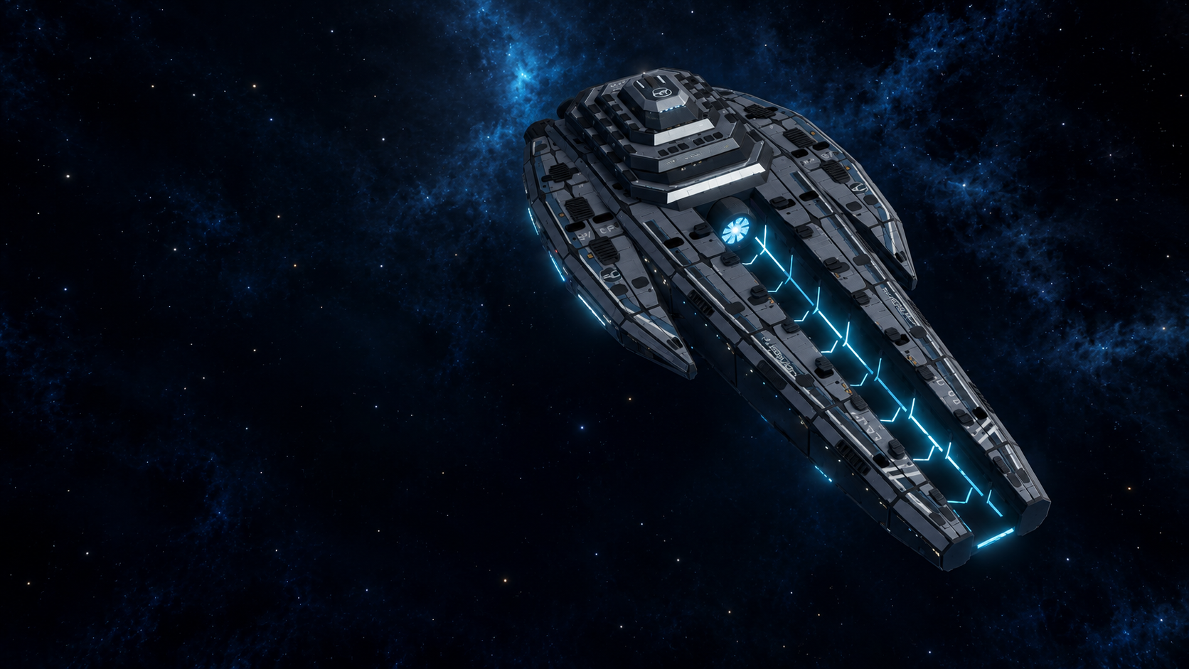 Space Armada artwork showing a starship in a blue nebula.